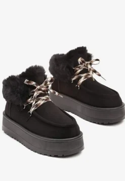 Czarne Śniegowce na Platformie Ozdobione Wiązaniem i Futerkiem Pretisha