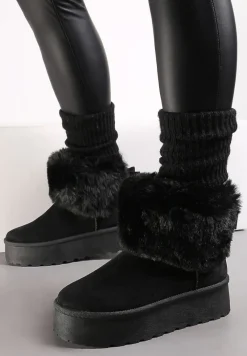 Czarne Śniegowce na Platformie z Ozdobnym Futerkiem Tiran