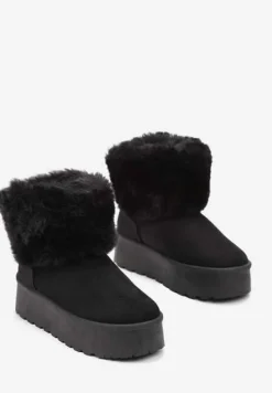 Czarne Śniegowce na Platformie z Ozdobnym Futerkiem Tiran