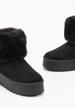 Czarne Śniegowce na Platformie z Ozdobnym Futerkiem Tiran