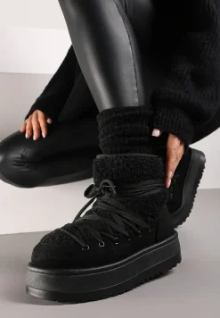 Czarne Śniegowce na Platformie Ozdobione Sznurowaniem Sinessia