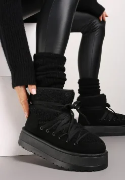 Czarne Śniegowce na Platformie Ozdobione Sznurowaniem Sinessia