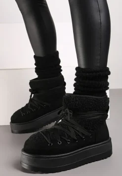 Czarne Śniegowce na Platformie Ozdobione Sznurowaniem Sinessia