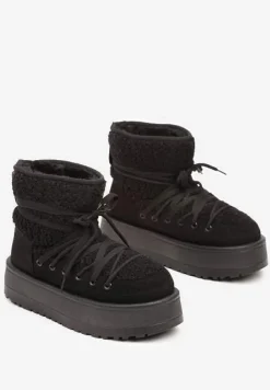 Czarne Śniegowce na Platformie Ozdobione Sznurowaniem Sinessia