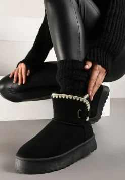 Czarne Śniegowce na Platformie Ozdobione Paskiem Filiel