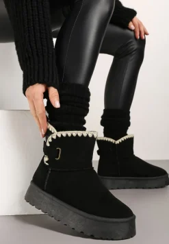 Czarne Śniegowce na Platformie Ozdobione Paskiem Filiel