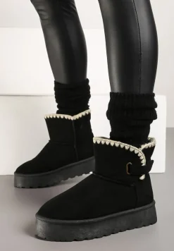 Czarne Śniegowce na Platformie Ozdobione Paskiem Filiel