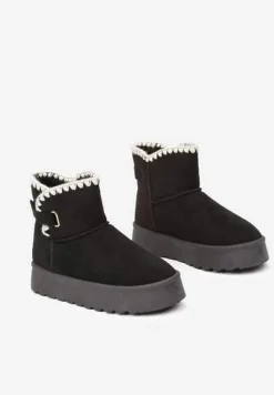 Czarne Śniegowce na Platformie Ozdobione Paskiem Filiel