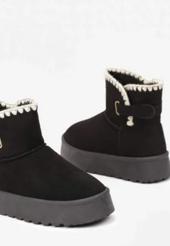 Czarne Śniegowce na Platformie Ozdobione Paskiem Filiel