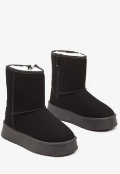 Czarne Śniegowce na Platformie z Ociepleniem Ozdobione Przeszyciami Tamirlin