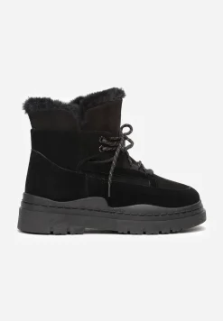 Czarne Śniegowce na Platformie z Dekoracyjnym Wiązaniem i Futerkiem Cynra