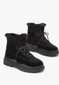 Czarne Śniegowce na Platformie z Dekoracyjnym Wiązaniem i Futerkiem Cynra