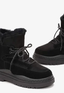 Czarne Śniegowce na Platformie z Dekoracyjnym Wiązaniem i Futerkiem Cynra