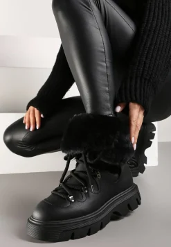 Czarne Śniegowce na Platformie z Tłoczeniem Futerkiem i Sznurowaniem Torista