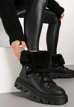 Czarne Śniegowce na Platformie z Tłoczeniem Futerkiem i Sznurowaniem Torista