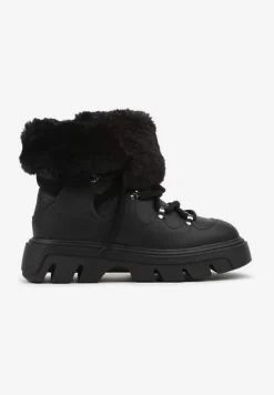 Czarne Śniegowce na Platformie z Tłoczeniem Futerkiem i Sznurowaniem Torista