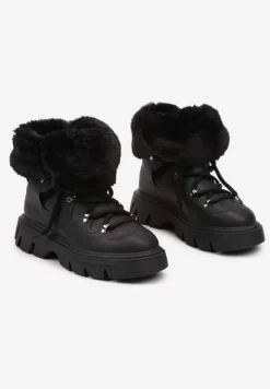 Czarne Śniegowce na Platformie z Tłoczeniem Futerkiem i Sznurowaniem Torista