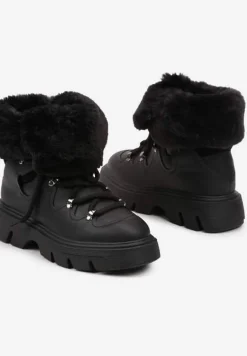 Czarne Śniegowce na Platformie z Tłoczeniem Futerkiem i Sznurowaniem Torista