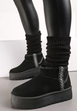 Czarne Śniegowce na Wsuwanie z Ozdobnym Paskiem i Grubą Podeszwą Veonli
