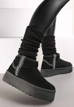 Czarne Śniegowce na Wsuwanie z Ozdobnym Paskiem i Grubą Podeszwą Veonli