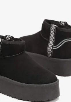 Czarne Śniegowce na Wsuwanie z Ozdobnym Paskiem i Grubą Podeszwą Veonli