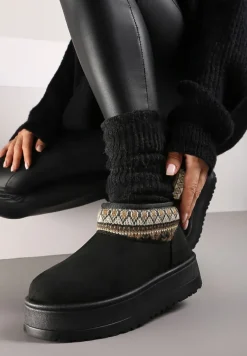 Czarne Śniegowce na Wysokiej Platformie Ozdobione Wzorzystą Wstawką Sinalora