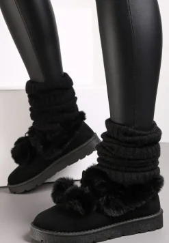 Czarne Śniegowce przed Kostkę na Platformie z Futerkiem Tolonno