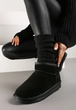 Czarne Śniegowce Skórzane na Płaskiej Podeszwie Mocno Ocieplane Vendrella