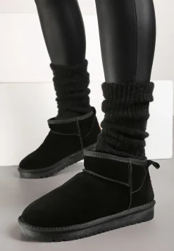 Czarne Śniegowce Skórzane na Płaskiej Podeszwie Mocno Ocieplane Vendrella