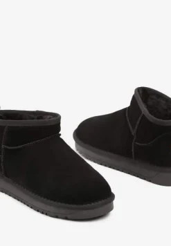 Czarne Śniegowce Skórzane na Płaskiej Podeszwie Mocno Ocieplane Vendrella