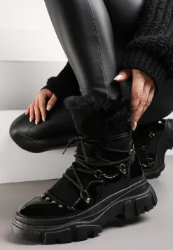 Czarne Śniegowce Sznurowane z Futerkiem Vodhi