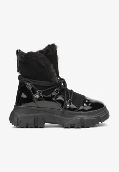 Czarne Śniegowce Sznurowane z Futerkiem Vodhi