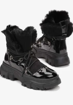 Czarne Śniegowce Sznurowane z Futerkiem Vodhi