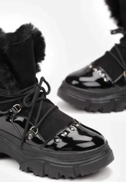 Czarne Śniegowce Sznurowane z Futerkiem Vodhi
