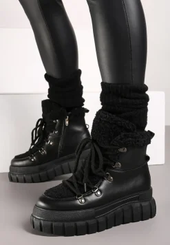 Czarne Śniegowce Traperki na Platformie z Tłoczeniem Ozdobione Futerkiem Heloma