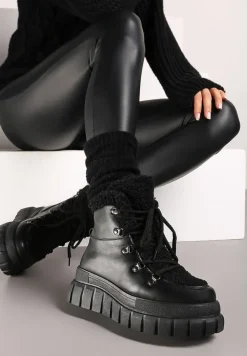 Czarne Śniegowce Traperki na Platformie z Tłoczeniem Ozdobione Futerkiem Heloma