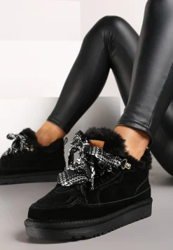 Czarne Śniegowce Typu Sneakersy ze Skóry Naturalnej Wyściełane Futerkiem Venalise