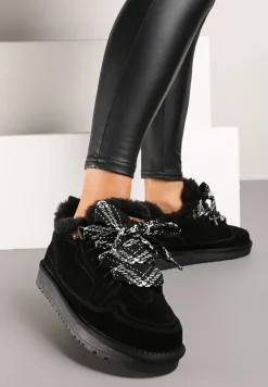 Czarne Śniegowce Typu Sneakersy ze Skóry Naturalnej Wyściełane Futerkiem Venalise