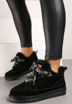 Czarne Śniegowce Typu Sneakersy ze Skóry Naturalnej Wyściełane Futerkiem Venalise