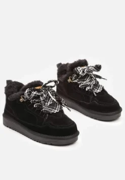 Czarne Śniegowce Typu Sneakersy ze Skóry Naturalnej Wyściełane Futerkiem Venalise