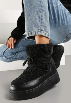 Czarne Śniegowce Vices na Platformie ze Sznurowaniem i Futerkiem Nomicea