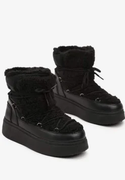 Czarne Śniegowce Vices na Platformie ze Sznurowaniem i Futerkiem Nomicea