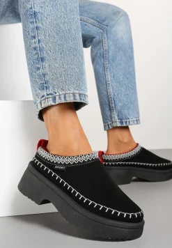 Czarne Śniegowce Wsuwane z Krótką Cholewką i Niską Platformą Clorira