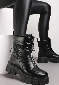 Czarne Śniegowce z Ekoskóry z Ozdobnym Suwakiem i Napisem Veneria