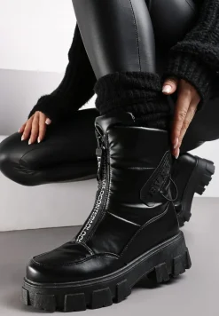 Czarne Śniegowce z Ekoskóry z Ozdobnym Suwakiem i Napisem Veneria