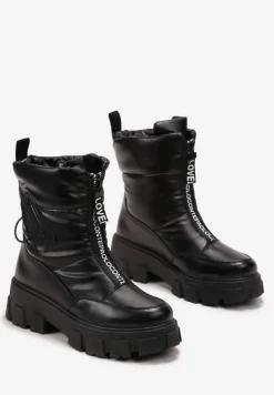 Czarne Śniegowce z Ekoskóry z Ozdobnym Suwakiem i Napisem Veneria