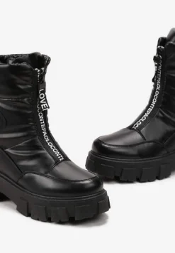 Czarne Śniegowce z Ekoskóry z Ozdobnym Suwakiem i Napisem Veneria