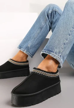 Czarne Śniegowce z Ekozamszu na Grubej Podeszwie z Ozdobną Lamówką Meliria