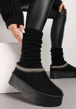 Czarne Śniegowce z Ekozamszu na Grubej Podeszwie z Ozdobną Lamówką Meliria