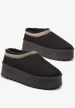 Czarne Śniegowce z Ekozamszu na Grubej Podeszwie z Ozdobną Lamówką Meliria